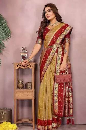 Mustard Color Zari Weaving Designer Kalamkari Silk Saree