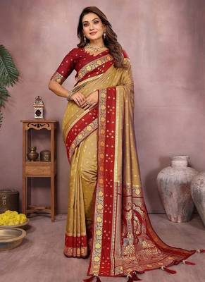 Mustard Color Zari Weaving Designer Kalamkari Silk Saree 3