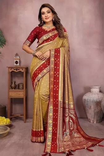 Mustard Color Zari Weaving Designer Kalamkari Silk Saree