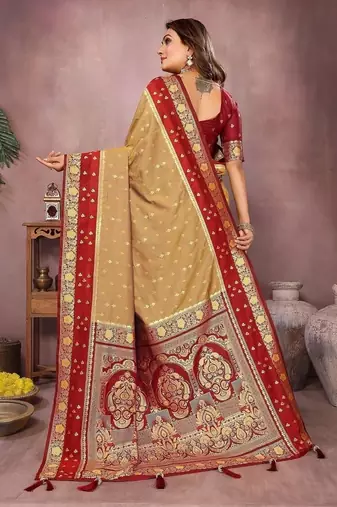 Mustard Color Zari Weaving Designer Kalamkari Silk Saree