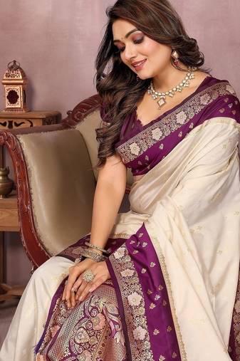 Off White Color Zari Weaving Designer Kalamkari Silk Saree
