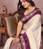 Off White Color Zari Weaving Designer Kalamkari Silk Saree