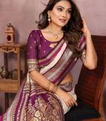 Off White Color Zari Weaving Designer Kalamkari Silk Saree