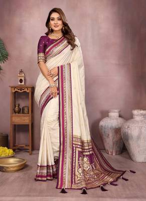 Off White Color Zari Weaving Designer Kalamkari Silk Saree 2