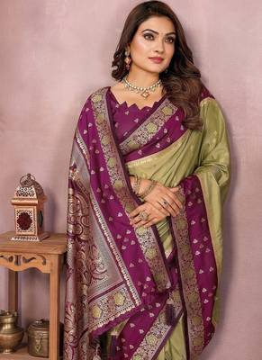 Olive Color Zari Weaving Designer Kalamkari Silk Saree 1