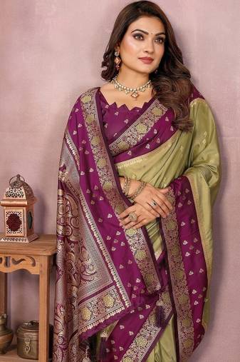Olive Color Zari Weaving Designer Kalamkari Silk Saree