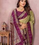 Olive Color Zari Weaving Designer Kalamkari Silk Saree
