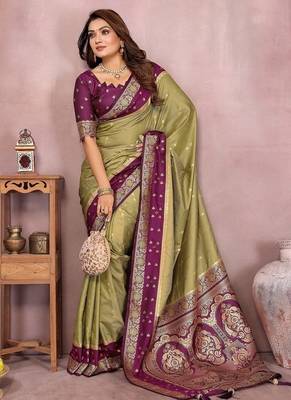 Olive Color Zari Weaving Designer Kalamkari Silk Saree 2