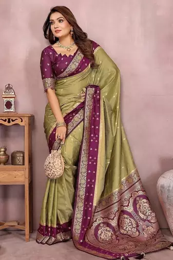 Olive Color Zari Weaving Designer Kalamkari Silk Saree