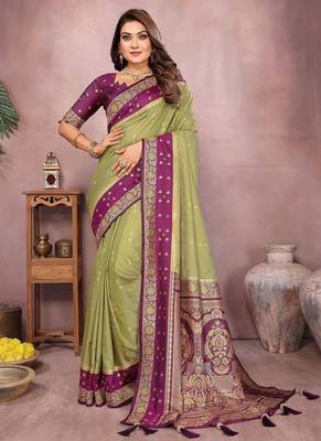 Olive Color Zari Weaving Designer Kalamkari Silk Saree 3