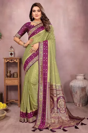 Olive Color Zari Weaving Designer Kalamkari Silk Saree