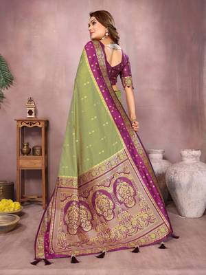 Olive Color Zari Weaving Designer Kalamkari Silk Saree 4