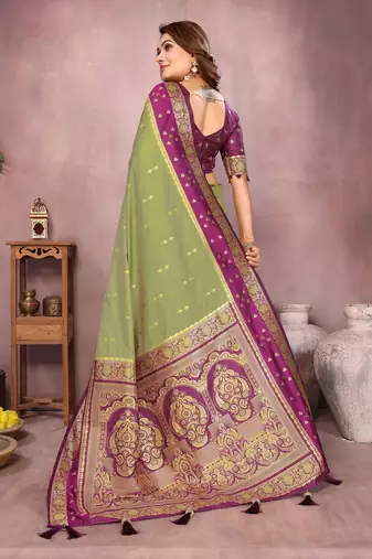 Olive Color Zari Weaving Designer Kalamkari Silk Saree