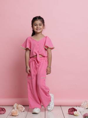 Girls' pink co-ord set     front-knot button top & relaxed fit trousers 1