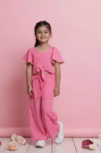Girls' pink co-ord set     front-knot button top & relaxed fit trousers