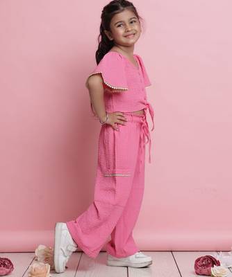 Girls' pink co-ord set     front-knot button top & relaxed fit trousers 2