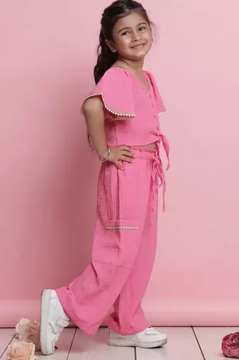 Girls' pink co-ord set     front-knot button top & relaxed fit trousers