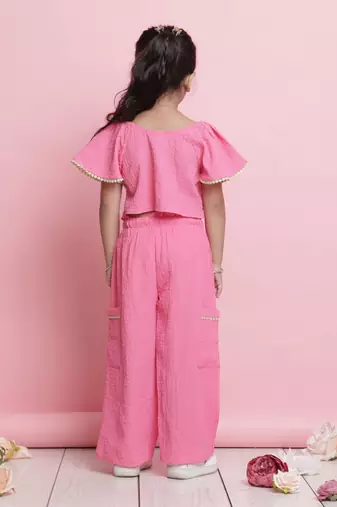 Girls' pink co-ord set     front-knot button top & relaxed fit trousers