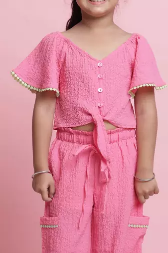 Girls' pink co-ord set     front-knot button top & relaxed fit trousers