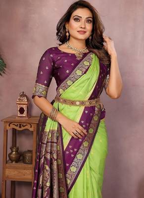 Parrot Green Color Zari Weaving Designer Kalamkari Silk Saree 1