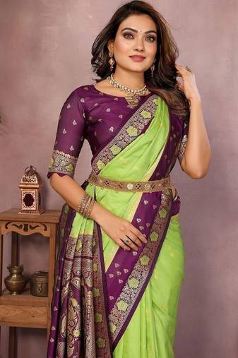 Parrot Green Color Zari Weaving Designer Kalamkari Silk Saree