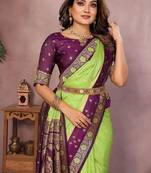 Parrot Green Color Zari Weaving Designer Kalamkari Silk Saree