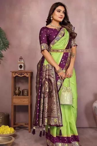 Parrot Green Color Zari Weaving Designer Kalamkari Silk Saree