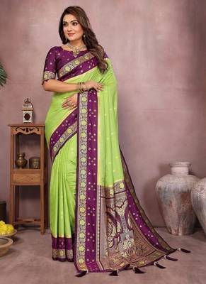 Parrot Green Color Zari Weaving Designer Kalamkari Silk Saree 3