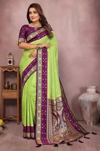 Parrot Green Color Zari Weaving Designer Kalamkari Silk Saree
