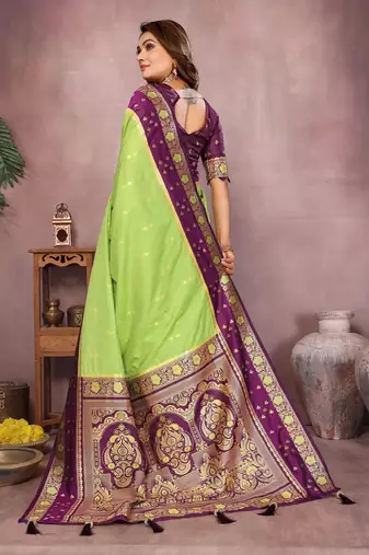 Parrot Green Color Zari Weaving Designer Kalamkari Silk Saree