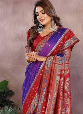 Purple Color Zari Weaving Designer Kalamkari Silk Saree 1
