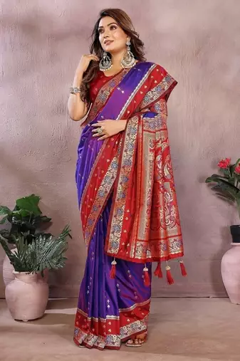 Purple Color Zari Weaving Designer Kalamkari Silk Saree