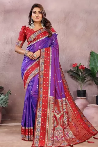 Purple Color Zari Weaving Designer Kalamkari Silk Saree