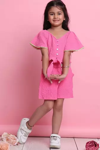 Girls' pink co-ord set     front-knot top & high-waisted shorts