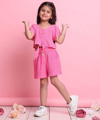 Girls' pink co-ord set     front-knot top & high-waisted shorts 2