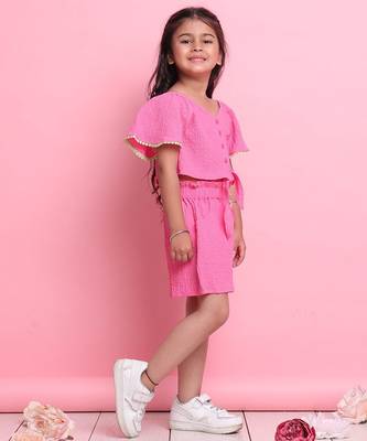Girls' pink co-ord set     front-knot top & high-waisted shorts 3