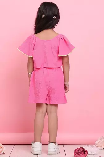 Girls' pink co-ord set     front-knot top & high-waisted shorts