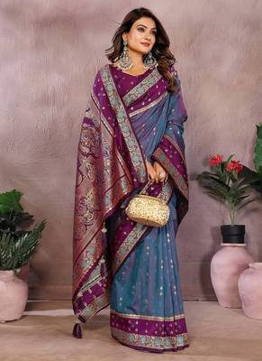 Slate Grey Color Zari Weaving Designer Kalamkari Silk Saree 2