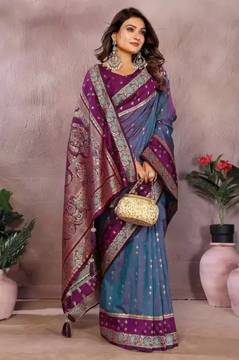 Slate Grey Color Zari Weaving Designer Kalamkari Silk Saree