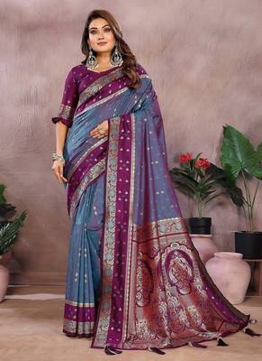 Slate Grey Color Zari Weaving Designer Kalamkari Silk Saree 3