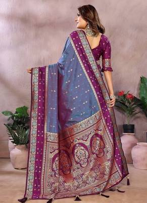 Slate Grey Color Zari Weaving Designer Kalamkari Silk Saree 4
