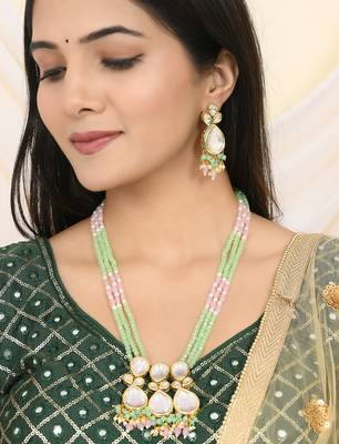 Green & pink beaded kundan necklace set for women 1