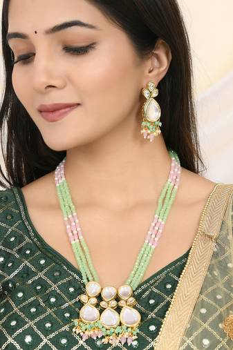 Green & pink beaded kundan necklace set for women