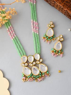 Green & pink beaded kundan necklace set for women 2