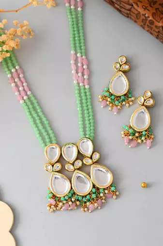 Green & pink beaded kundan necklace set for women