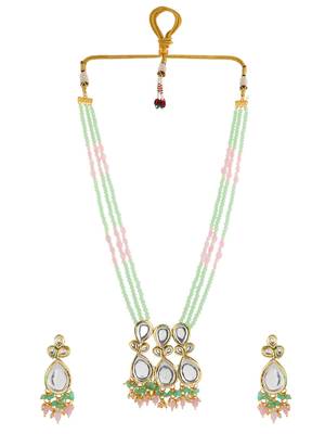 Green & pink beaded kundan necklace set for women 3