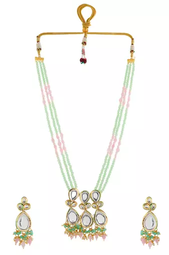 Green & pink beaded kundan necklace set for women