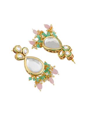 Green & pink beaded kundan necklace set for women 4