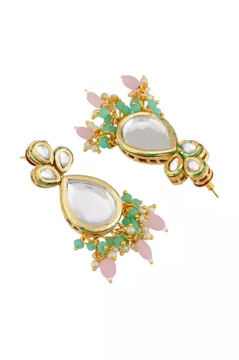 Green & pink beaded kundan necklace set for women