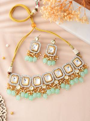 gold-plated crystal & green beaded necklace set 2